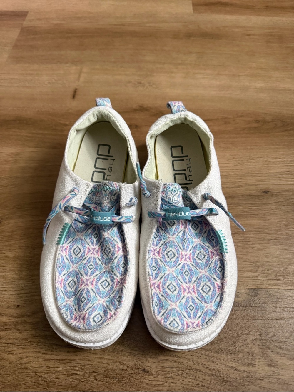 Hey Dude Women's White Moccasins with Pastel Blue & Pink Pattern
